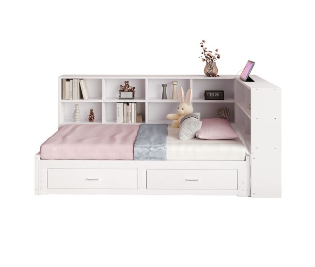 Sofá cama multifuncional 90/180*190 cm - con cama extraíble, compartimiento de almacenamiento, enchufe euro, cajones, somier - blanco