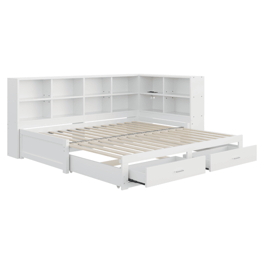 Sofá-cama multifuncional 90180*190 cm - Com cama extraível, compartimento de arrumação, tomada euro, gavetas, estrado - Branco