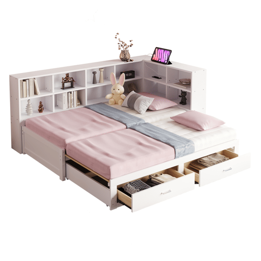 Sofá-cama multifuncional 90180*190 cm - Com cama extraível, compartimento de arrumação, tomada euro, gavetas, estrado - Branco