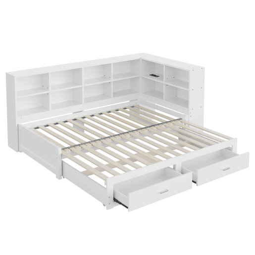 Sofá-cama multifuncional 90180*190 cm - Com cama extraível, compartimento de arrumação, tomada euro, gavetas, estrado - Branco