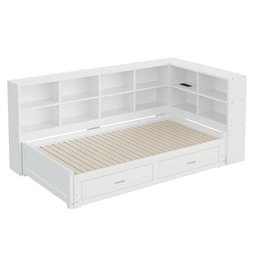 Sofá-cama multifuncional 90180*190 cm - Com cama extraível, compartimento de arrumação, tomada euro, gavetas, estrado - Branco