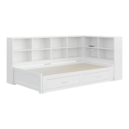 Sofá-cama multifuncional 90180*190 cm - Com cama extraível, compartimento de arrumação, tomada euro, gavetas, estrado - Branco