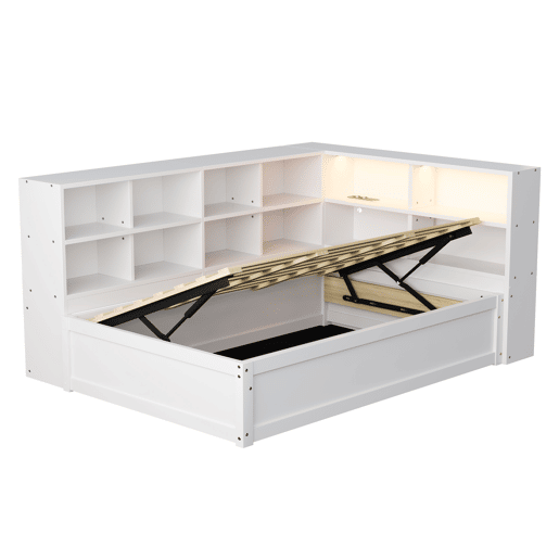 Sofá-cama 90*200 - Com tomada múltipla, vários compartimentos de arrumação, faixa de luzes, cama hidráulica, cama de madeira maciça, cama individual, cama multifuncional de madeira - Branco