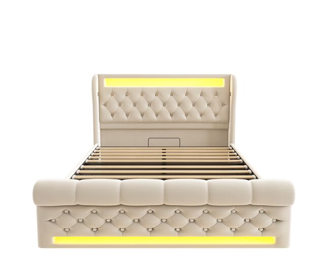 Cama tapizada moderna 140x200cm - cama con led, cabecera con almacenamiento y puertos usb y tipo-c, cama hidráulica, beige