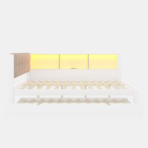 Cama nido 140x200 cm - individual, sem colchão, cama extraível, LED regulável, prateleira, porta USB, madeira de pinho - branco