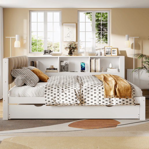 Cama nido 140x200 cm - individual, sem colchão, cama extraível, LED regulável, prateleira, porta USB, madeira de pinho - branco