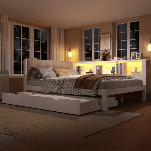 Cama nido 140x200 cm - individual, sem colchão, cama extraível, LED regulável, prateleira, porta USB, madeira de pinho - branco