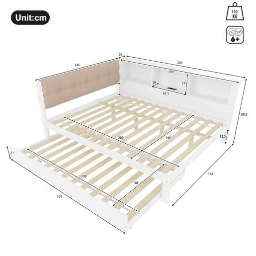 Cama nido 140x200 cm - individual, sem colchão, cama extraível, LED regulável, prateleira, porta USB, madeira de pinho - branco
