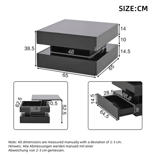 Mesa de centro 65x65x38,5 cm - Mesa de sala elevável, mesa auxiliar, mesa de café com LED, 2 gavetas, design geométrico - Preto