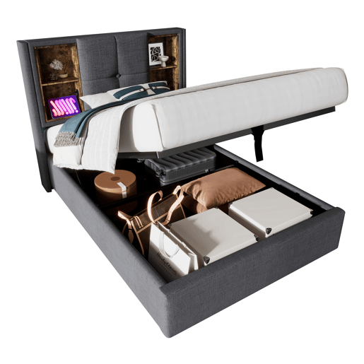 Cama individual 90x200 cm - Carregamento sem fios USB C, com arrumação e estrado de madeira - Cinza algodão