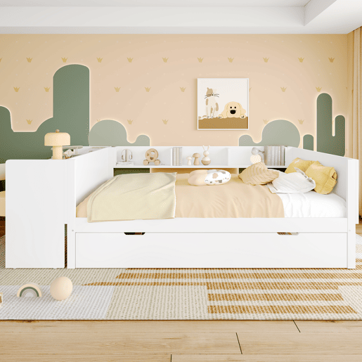 Cama de madeira 140x200cm - com secretária, cama adicional, prateleiras - branca