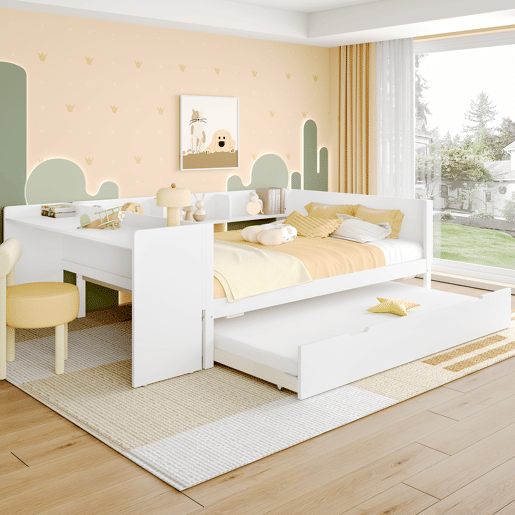 Cama de madeira 140x200cm - com secretária, cama adicional, prateleiras - branca