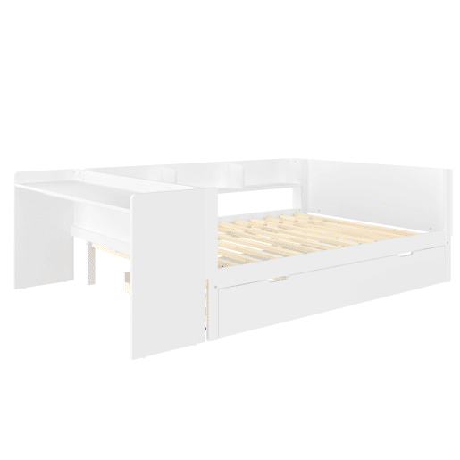 Cama de madeira 140x200cm - com secretária, cama adicional, prateleiras - branca
