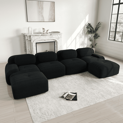 Sofá modular em U - sem montagem - tecido de veludo cotelê respirável, almofadas de alta elasticidade 32D, braços extra largos, adequado para animais de estimação e ergonómico - Preto