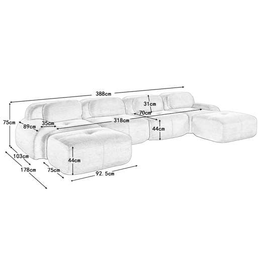 Sofá modular em U - sem montagem - tecido de veludo cotelê respirável, almofadas de alta elasticidade 32D, braços extra largos, adequado para animais de estimação e ergonómico - Preto