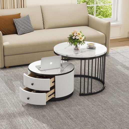 Conjunto de mesas de centro empilháveis - 60x60x45,5 cm e 50x50x32 cm - Com 2 gavetas, mesa redonda com efeito mármore brilhante - Branco Conjunto de mesas de centro empilháveis - 60x60x45,5 cm e 50x50x32 cm - Com 2 gavetas, mesa redonda com efeito mármore brilhante - Branco