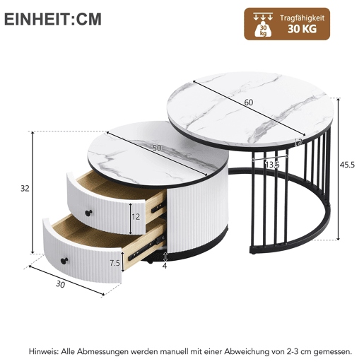 Conjunto de mesas de centro empilháveis - 60x60x45,5 cm e 50x50x32 cm - Com 2 gavetas, mesa redonda com efeito mármore brilhante - Branco Conjunto de mesas de centro empilháveis - 60x60x45,5 cm e 50x50x32 cm - Com 2 gavetas, mesa redonda com efeito mármore brilhante - Branco