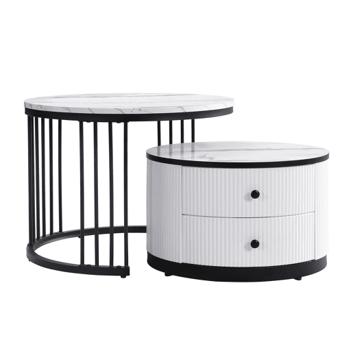 Conjunto de mesas de centro empilháveis - 60x60x45,5 cm e 50x50x32 cm - Com 2 gavetas, mesa redonda com efeito mármore brilhante - Branco Conjunto de mesas de centro empilháveis - 60x60x45,5 cm e 50x50x32 cm - Com 2 gavetas, mesa redonda com efeito mármore brilhante - Branco