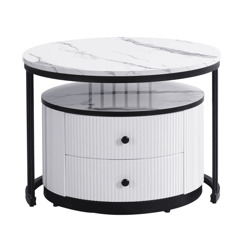 Conjunto de mesas de centro empilháveis - 60x60x45,5 cm e 50x50x32 cm - Com 2 gavetas, mesa redonda com efeito mármore brilhante - Branco Conjunto de mesas de centro empilháveis - 60x60x45,5 cm e 50x50x32 cm - Com 2 gavetas, mesa redonda com efeito mármore brilhante - Branco