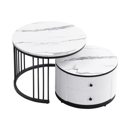 Conjunto de mesas de centro empilháveis - 60x60x45,5 cm e 50x50x32 cm - Com 2 gavetas, mesa redonda com efeito mármore brilhante - Branco Conjunto de mesas de centro empilháveis - 60x60x45,5 cm e 50x50x32 cm - Com 2 gavetas, mesa redonda com efeito mármore brilhante - Branco