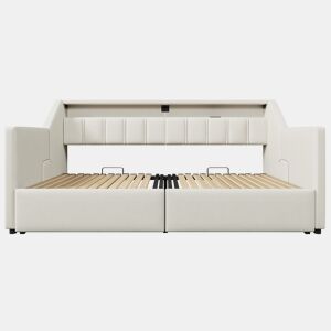 Sofá-cama, 90 x 200 cm - Com USB e Type-C, faixa LED com controle remoto, 2 gavetas, bolsos de armazenamento, cama extensível multifuncional - Bege