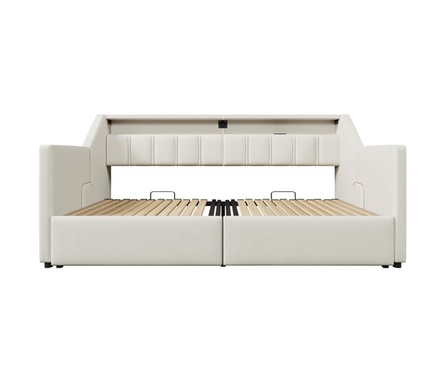 Sofá cama, 90 x 200 cm - con usb y type-c, tira led con control remoto, 2 cajones, bolsillos de almacenamiento, cama extensible multifuncional - beige