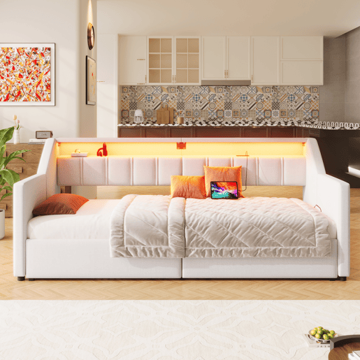 Sofá-cama, 90 x 200 cm - Com USB e Type-C, faixa LED com controle remoto, 2 gavetas, bolsos de armazenamento, cama extensível multifuncional - Bege