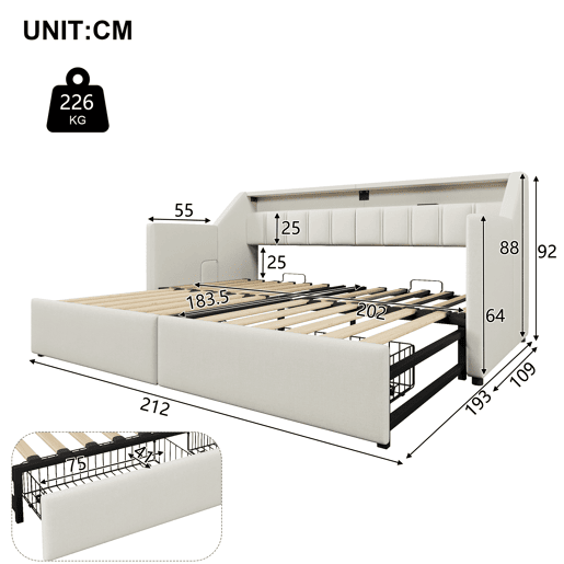 Sofá-cama, 90 x 200 cm - Com USB e Type-C, faixa LED com controle remoto, 2 gavetas, bolsos de armazenamento, cama extensível multifuncional - Bege