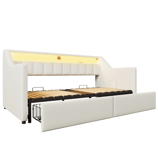 Sofá-cama, 90 x 200 cm - Com USB e Type-C, faixa LED com controle remoto, 2 gavetas, bolsos de armazenamento, cama extensível multifuncional - Bege