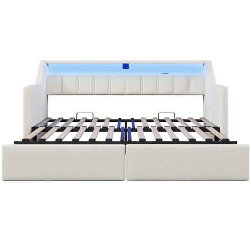 Sofá-cama, 90 x 200 cm - Com USB e Type-C, faixa LED com controle remoto, 2 gavetas, bolsos de armazenamento, cama extensível multifuncional - Bege