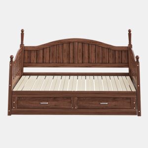 Sofá-cama extensível 90180*190 cm - Com colunas romanas, encosto curvo, apoios de braços, com gavetas e estrado, multifuncional em madeira de pinho - Nogueira