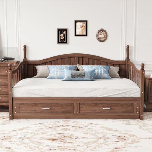 Sofá-cama extensível 90180*190 cm - Com colunas romanas, encosto curvo, apoios de braços, com gavetas e estrado, multifuncional em madeira de pinho - Nogueira
