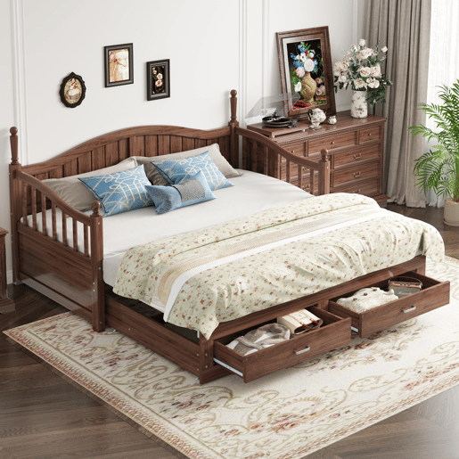 Sofá-cama extensível 90180*190 cm - Com colunas romanas, encosto curvo, apoios de braços, com gavetas e estrado, multifuncional em madeira de pinho - Nogueira