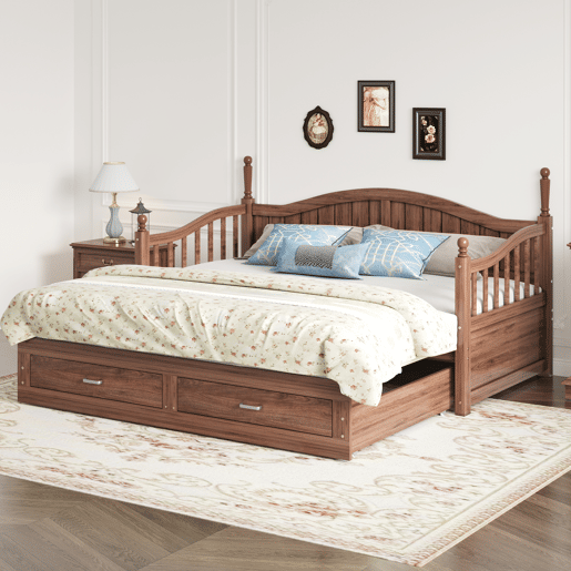 Sofá-cama extensível 90180*190 cm - Com colunas romanas, encosto curvo, apoios de braços, com gavetas e estrado, multifuncional em madeira de pinho - Nogueira
