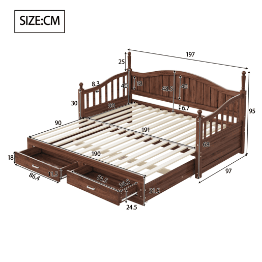 Sofá-cama extensível 90180*190 cm - Com colunas romanas, encosto curvo, apoios de braços, com gavetas e estrado, multifuncional em madeira de pinho - Nogueira