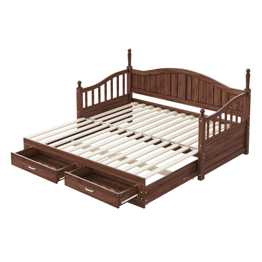 Sofá-cama extensível 90180*190 cm - Com colunas romanas, encosto curvo, apoios de braços, com gavetas e estrado, multifuncional em madeira de pinho - Nogueira