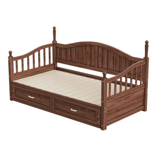 Sofá-cama extensível 90180*190 cm - Com colunas romanas, encosto curvo, apoios de braços, com gavetas e estrado, multifuncional em madeira de pinho - Nogueira