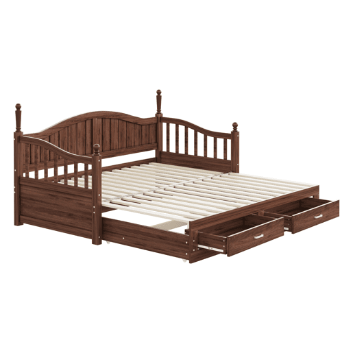 Sofá-cama extensível 90180*190 cm - Com colunas romanas, encosto curvo, apoios de braços, com gavetas e estrado, multifuncional em madeira de pinho - Nogueira
