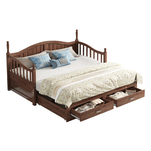 Sofá-cama extensível 90180*190 cm - Com colunas romanas, encosto curvo, apoios de braços, com gavetas e estrado, multifuncional em madeira de pinho - Nogueira
