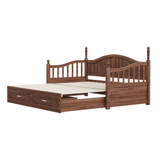 Sofá-cama extensível 90180*190 cm - Com colunas romanas, encosto curvo, apoios de braços, com gavetas e estrado, multifuncional em madeira de pinho - Nogueira