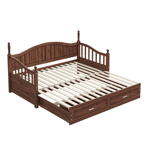 Sofá-cama extensível 90180*190 cm - Com colunas romanas, encosto curvo, apoios de braços, com gavetas e estrado, multifuncional em madeira de pinho - Nogueira