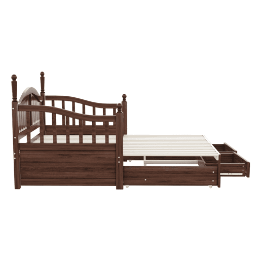 Sofá-cama extensível 90180*190 cm - Com colunas romanas, encosto curvo, apoios de braços, com gavetas e estrado, multifuncional em madeira de pinho - Nogueira