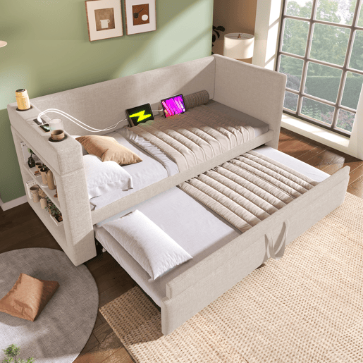 Daybett 90x190 cm - Sofá-cama individual com cama extraível, braços com portas USB e Type-C e porta-copos - Bege