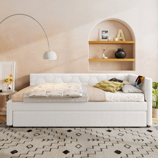 Cama Daybett 90x200cm - Sofá-cama, com cabeceira, cama extensível multifuncional, com candeeiro de mesa e porta USB, Branco