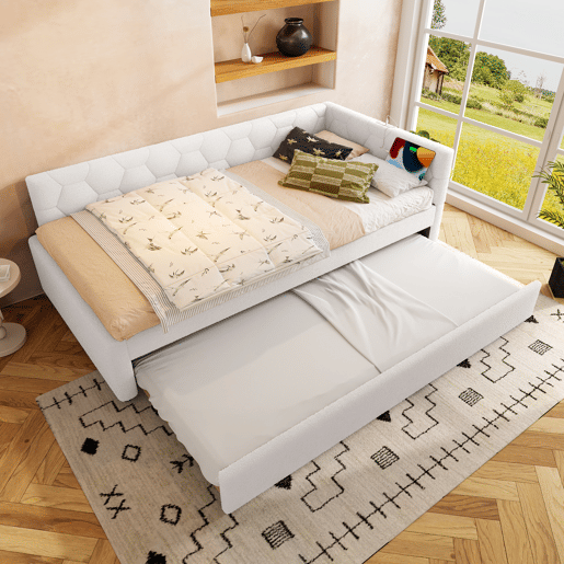 Cama Daybett 90x200cm - Sofá-cama, com cabeceira, cama extensível multifuncional, com candeeiro de mesa e porta USB, Branco