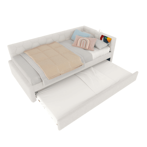 Cama Daybett 90x200cm - Sofá-cama, com cabeceira, cama extensível multifuncional, com candeeiro de mesa e porta USB, Branco