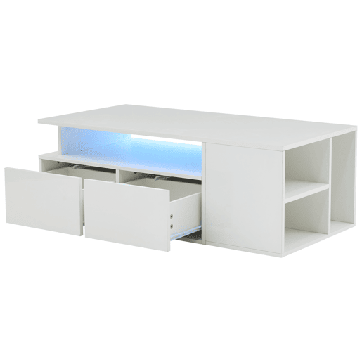 Mesa de centro 100x50x35 cm - Sofá com LED, mesa de café com 2 gavetas, capacidade de carga de 60 kg, branco