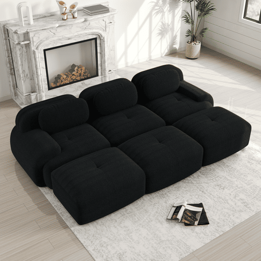 Sofá modular de 3 lugares - com 3 pufes, montagem sem ferramentas, adequado para animais de estimação, braços ultra largos - Preto