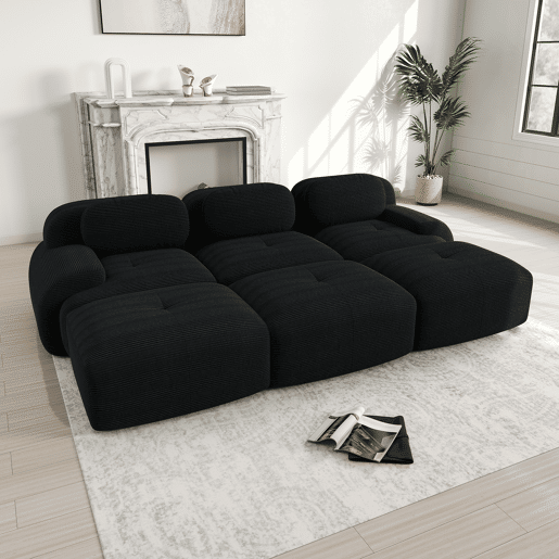Sofá modular de 3 lugares - com 3 pufes, montagem sem ferramentas, adequado para animais de estimação, braços ultra largos - Preto