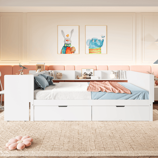 Cama de madeira 140x200cm - com secretária, 2 gavetas, prateleiras, sem colchão - branca